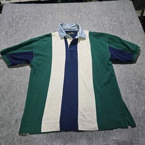 Vintage 90s Halifax Rugby Shirt Mens XL Green Navy Cream Striped Denim Collar